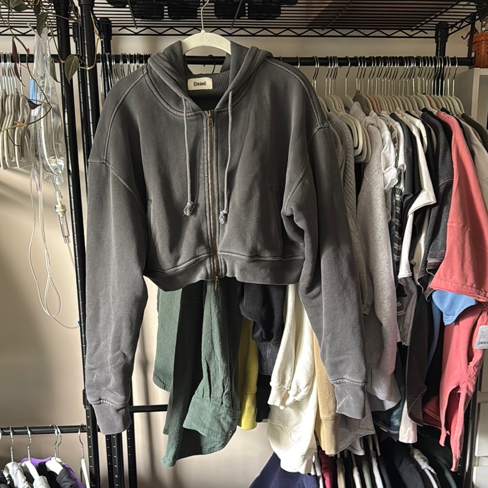 Dried Grey Cropped Zip Hoodie with Hood - Unlabeled Brand